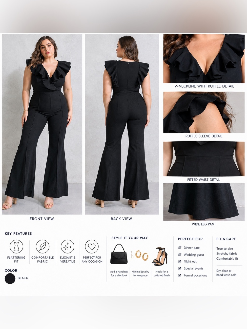 Flying tomato Women’s Black Ruffle Neck Jumpsuit